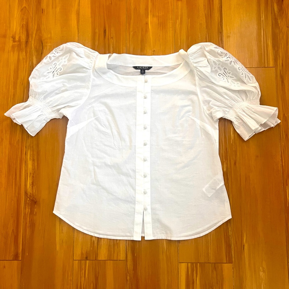Embroidered puffed sleeve cotton blouse by Ralph Lauren